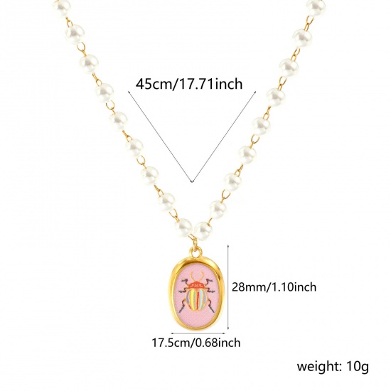 Изображение 18K настоящее золото с покрытием Цепочка из бисера Овальные Ожерелье с подвеской, 304 Нержавеющая Сталь & Акрил 45см, Для женщин, жук Напечатано, Насекомое Натуральная пастырская подарок, Экологичное вакуумное PVD-покрытие Водонепроницаемый Антиоксидантный Гипоаллергенный, 1 ШТ
