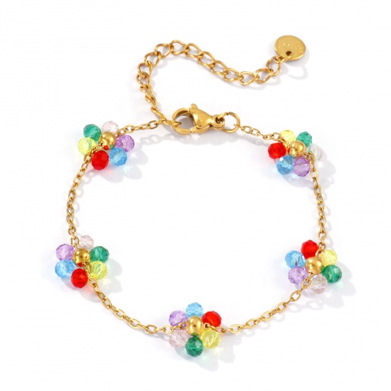 Picture of 1 Piece Eco-friendly PVD Vacuum Plating Sweet & Cute Exquisite 18K Real Gold Plated Multicolor 304 Stainless Steel & Glass Link Cable Chain Flower Beaded Bracelets For Women Gift 15cm(5.9") long