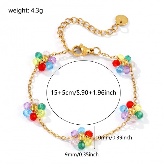 Picture of 1 Piece Eco-friendly PVD Vacuum Plating Sweet & Cute Exquisite 18K Real Gold Plated Multicolor 304 Stainless Steel & Glass Link Cable Chain Flower Beaded Bracelets For Women Gift 15cm(5.9") long
