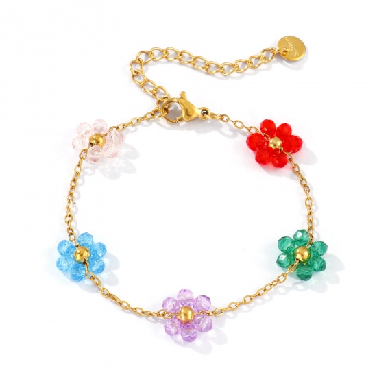 Picture of 1 Piece Eco-friendly PVD Vacuum Plating Sweet & Cute Exquisite 18K Real Gold Plated Multicolor 304 Stainless Steel & Glass Link Cable Chain Flower Beaded Bracelets For Women Gift 15cm(5.9") long