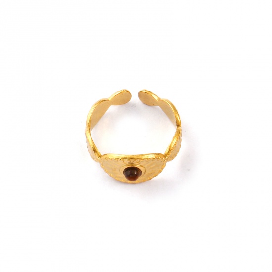 Imagen de Mujeres Regalo Marrón Abierto Ajustable Anillos Al Por Mayor, 18K Oro Real Chapado 304 Acero Inoxidable & Gema, Recubrimiento al Vacío PVD Ecológico Impermeable Antioxidante Hipoalergénico Retro Elegante Suministro de Joyería, 17.3mm (US size 7), 1 Unidad