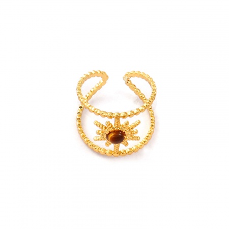 Imagen de Mujeres Regalo Estrella Marrón Abierto Ajustable Anillos Al Por Mayor, 18K Oro Real Chapado 304 Acero Inoxidable & Gema, Recubrimiento al Vacío PVD Ecológico Impermeable Antioxidante Hipoalergénico Retro Elegante Suministro de Joyería, 17.7mm (US Size 7.5), 1 Unidad