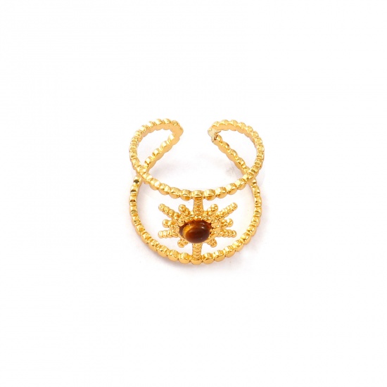 Imagen de Mujeres Regalo Estrella Marrón Abierto Ajustable Anillos Al Por Mayor, 18K Oro Real Chapado 304 Acero Inoxidable & Gema, Recubrimiento al Vacío PVD Ecológico Impermeable Antioxidante Hipoalergénico Retro Elegante Suministro de Joyería, 17.7mm (US Size 7.5), 1 Unidad