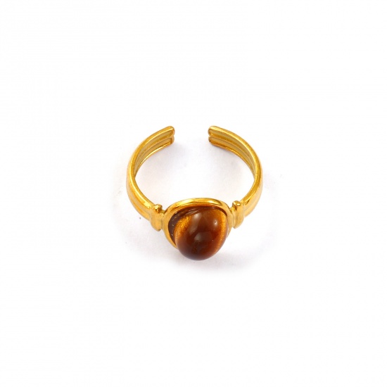 Imagen de Mujeres Regalo Marrón Abierto Ajustable Anillos Al Por Mayor, 18K Oro Real Chapado 304 Acero Inoxidable & Gema, Recubrimiento al Vacío PVD Ecológico Impermeable Antioxidante Hipoalergénico Retro Elegante Suministro de Joyería, 17.7mm (US Size 7.5), 1 Unidad