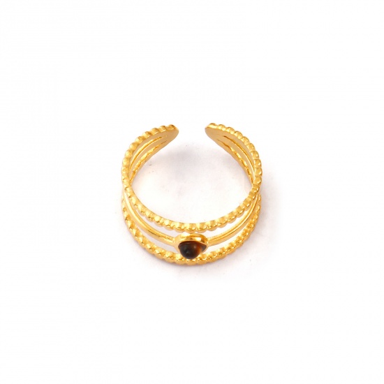 Imagen de Mujeres Regalo Marrón Abierto Ajustable Anillos Al Por Mayor, 18K Oro Real Chapado 304 Acero Inoxidable & Gema, Recubrimiento al Vacío PVD Ecológico Impermeable Antioxidante Hipoalergénico Retro Elegante Suministro de Joyería, 17.7mm (US Size 7.5), 1 Unidad