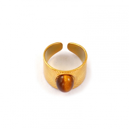 Imagen de Mujeres Regalo Marrón Abierto Ajustable Anillos Al Por Mayor, 18K Oro Real Chapado 304 Acero Inoxidable & Gema, Recubrimiento al Vacío PVD Ecológico Impermeable Antioxidante Hipoalergénico Retro Elegante Suministro de Joyería, 17.3mm (US size 7), 1 Unidad