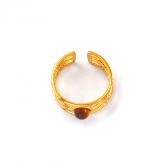 Imagen de Mujeres Regalo Marrón Abierto Ajustable Anillos Al Por Mayor, 18K Oro Real Chapado 304 Acero Inoxidable & Gema, Recubrimiento al Vacío PVD Ecológico Impermeable Antioxidante Hipoalergénico Retro Elegante Suministro de Joyería, 17.7mm (US Size 7.5), 1 Unidad
