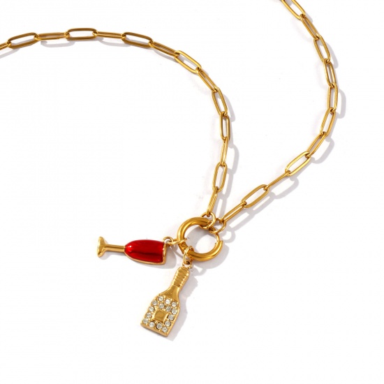 Изображение 18K настоящее золото с покрытием Цепочка зажимов Фиал Ожерелье с подвеской, 304 Нержавеющая Сталь 45см, Для женщин, Прозрачный Искусственный Циркон Красный С Эмалью Бижутерия усыпанная мелким фианит, Изысканный Стильный подарок, Экологичное вакуумное PVD-покрытие Водонепроницаемый Антиоксидантный Гипоаллергенный, 1 ШТ