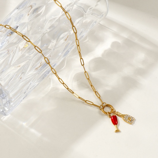 Изображение 18K настоящее золото с покрытием Цепочка зажимов Фиал Ожерелье с подвеской, 304 Нержавеющая Сталь 45см, Для женщин, Прозрачный Искусственный Циркон Красный С Эмалью Бижутерия усыпанная мелким фианит, Изысканный Стильный подарок, Экологичное вакуумное PVD-покрытие Водонепроницаемый Антиоксидантный Гипоаллергенный, 1 ШТ