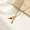Изображение 18K настоящее золото с покрытием Цепочка зажимов Фиал Ожерелье с подвеской, 304 Нержавеющая Сталь 45см, Для женщин, Прозрачный Искусственный Циркон Красный С Эмалью Бижутерия усыпанная мелким фианит, Изысканный Стильный подарок, Экологичное вакуумное PVD-покрытие Водонепроницаемый Антиоксидантный Гипоаллергенный, 1 ШТ