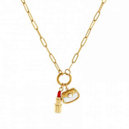 18Kリアルゴールドメッキ ペーパークリップチェーン 口紅 ペンダントネックレス、 304ステンレス鋼 & 天然シェル 45cm、 女性のため、 赤 エナメル アクリル模造真珠、 化粧品 ファッション おしゃれ プレゼント、 エコフレンドリー PVD真空メッキ 防水 耐変色性の 低アレルギー性の、 1 本