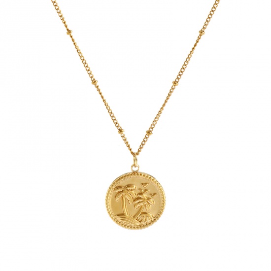 Bild von 18K Echtgold plattiert Panzerkette Kette Rund Scheibe Anhänger Halskette, 304 Edelstahl 45cm + 5cm, Für Frauen, Kokospalme Ozean Schmuck Stilvoll Geschenk, Umweltfreundliche PVD-Vakuumbeschichtung wasserdicht anlaufgeschützt hypoallergen , 1 Strang