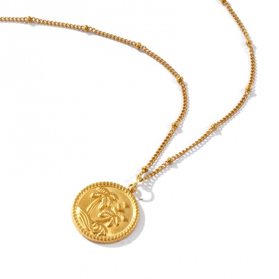 Bild von 18K Echtgold plattiert Panzerkette Kette Rund Scheibe Anhänger Halskette, 304 Edelstahl 45cm + 5cm, Für Frauen, Kokospalme Ozean Schmuck Stilvoll Geschenk, Umweltfreundliche PVD-Vakuumbeschichtung wasserdicht anlaufgeschützt hypoallergen , 1 Strang
