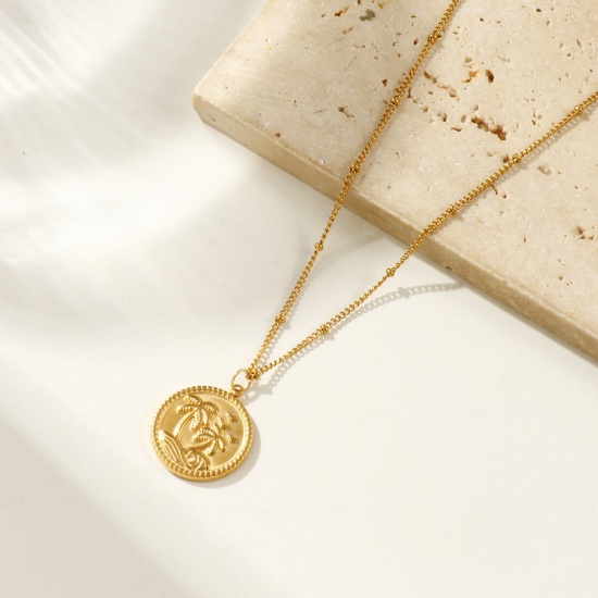 Bild von 18K Echtgold plattiert Panzerkette Kette Rund Scheibe Anhänger Halskette, 304 Edelstahl 45cm + 5cm, Für Frauen, Kokospalme Ozean Schmuck Stilvoll Geschenk, Umweltfreundliche PVD-Vakuumbeschichtung wasserdicht anlaufgeschützt hypoallergen , 1 Strang
