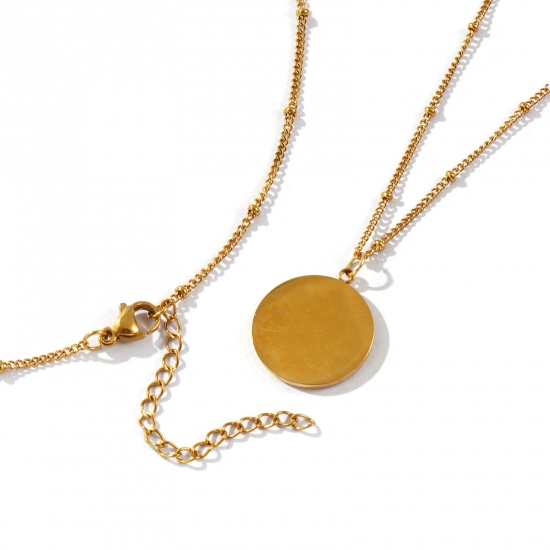 Bild von 18K Echtgold plattiert Panzerkette Kette Rund Scheibe Anhänger Halskette, 304 Edelstahl 45cm + 5cm, Für Frauen, Kokospalme Ozean Schmuck Stilvoll Geschenk, Umweltfreundliche PVD-Vakuumbeschichtung wasserdicht anlaufgeschützt hypoallergen , 1 Strang