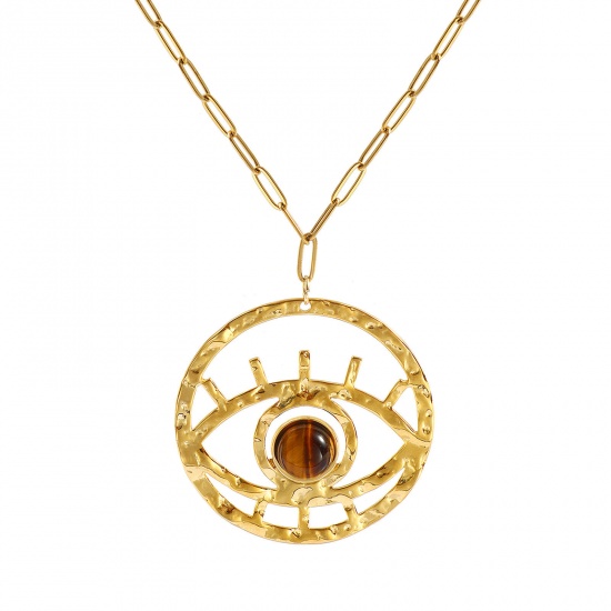 Bild von 18K Echtgold plattiert Büroklammerkette Auge Anhänger Halskette, 304 Edelstahl & Halbedelstein 42cm + 5cm, Für Frauen, Braun Hohl, Exquisit Stilvoll Geschenk, Umweltfreundliche PVD-Vakuumbeschichtung wasserdicht anlaufgeschützt hypoallergen , 1 Strang