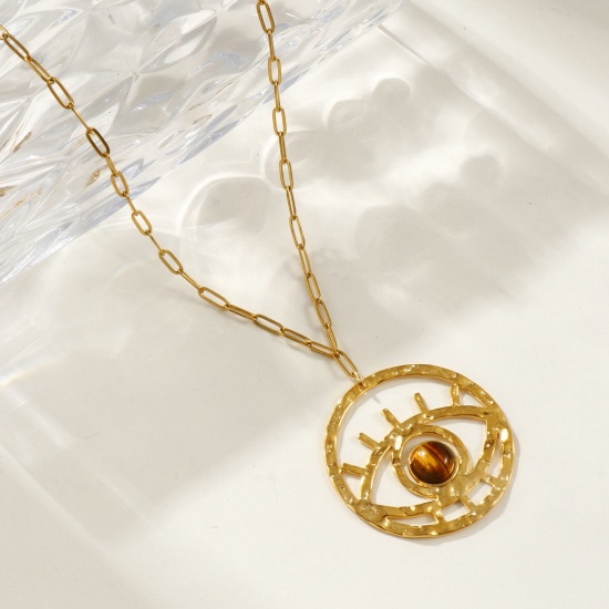 Bild von 18K Echtgold plattiert Büroklammerkette Auge Anhänger Halskette, 304 Edelstahl & Halbedelstein 42cm + 5cm, Für Frauen, Braun Hohl, Exquisit Stilvoll Geschenk, Umweltfreundliche PVD-Vakuumbeschichtung wasserdicht anlaufgeschützt hypoallergen , 1 Strang