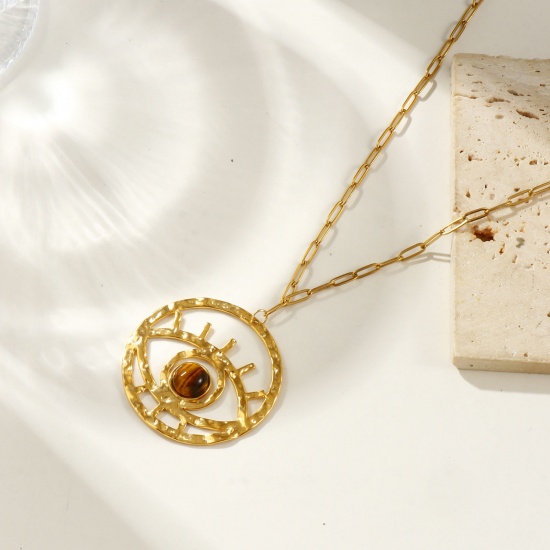Bild von 18K Echtgold plattiert Büroklammerkette Auge Anhänger Halskette, 304 Edelstahl & Halbedelstein 42cm + 5cm, Für Frauen, Braun Hohl, Exquisit Stilvoll Geschenk, Umweltfreundliche PVD-Vakuumbeschichtung wasserdicht anlaufgeschützt hypoallergen , 1 Strang