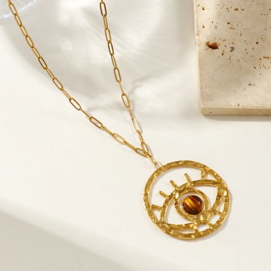 Bild von 18K Echtgold plattiert Büroklammerkette Auge Anhänger Halskette, 304 Edelstahl & Halbedelstein 42cm + 5cm, Für Frauen, Braun Hohl, Exquisit Stilvoll Geschenk, Umweltfreundliche PVD-Vakuumbeschichtung wasserdicht anlaufgeschützt hypoallergen , 1 Strang