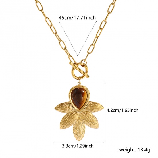 Изображение 18K настоящее золото с покрытием Цепочка зажимов Цветы Ожерелье с подвеской, 304 Нержавеющая Сталь & Полудрагоценный Камень 45см, Для женщин, Коричневый Стильный Сладкий & милый подарок, Экологичное вакуумное PVD-покрытие Водонепроницаемый Антиоксидантный Гипоаллергенный, 1 ШТ