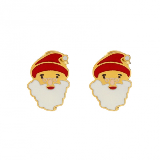 Bild von 1 Paar Umweltfreundliche PVD-Vakuumbeschichtung Süß Exquisit 18K Echtgold plattiert Rot 304 Edelstahl Weihnachten Weihnachtsmann Mit Stöpsel Ohrring Ohrstecker Für Frauen Geschenk 14mm x 10mm, Pfosten-/Drahtstärke: 0.7mm(21 Gauge)