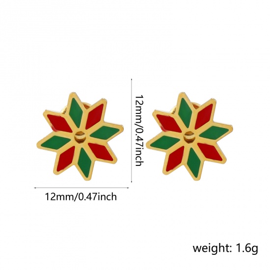 Bild von 1 Paar Umweltfreundliche PVD-Vakuumbeschichtung Süß Exquisit 18K Echtgold plattiert Rot & Grün 304 Edelstahl Blumen Mit Stöpsel Ohrring Ohrstecker Für Frauen Geschenk 12mm x 12mm, Pfosten-/Drahtstärke: 0.7mm(21 Gauge)
