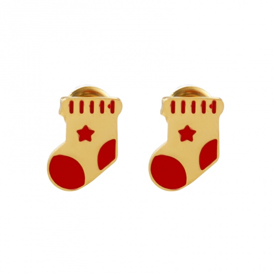 Bild von 1 Paar Umweltfreundliche PVD-Vakuumbeschichtung Süß Exquisit 18K Echtgold plattiert Rot 304 Edelstahl Weihnachtsstiefel Mit Stöpsel Ohrring Ohrstecker Für Frauen Geschenk 11mm x 8mm, Pfosten-/Drahtstärke: 0.7mm(21 Gauge)