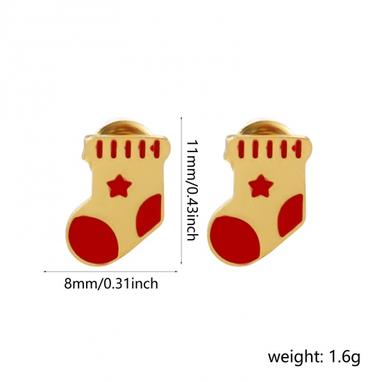 Bild von 1 Paar Umweltfreundliche PVD-Vakuumbeschichtung Süß Exquisit 18K Echtgold plattiert Rot 304 Edelstahl Weihnachtsstiefel Mit Stöpsel Ohrring Ohrstecker Für Frauen Geschenk 11mm x 8mm, Pfosten-/Drahtstärke: 0.7mm(21 Gauge)