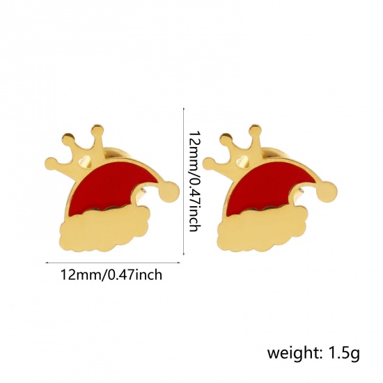 Bild von 1 Paar Umweltfreundliche PVD-Vakuumbeschichtung Süß Exquisit 18K Echtgold plattiert Rot 304 Edelstahl Weihnachten Mütze Mit Stöpsel Ohrring Ohrstecker Für Frauen Geschenk 12mm x 12mm, Pfosten-/Drahtstärke: 0.7mm(21 Gauge)