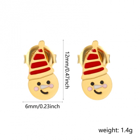Bild von 1 Paar Umweltfreundliche PVD-Vakuumbeschichtung Süß Exquisit 18K Echtgold plattiert Rot 304 Edelstahl Weihnachten Schneemann Mit Stöpsel Ohrring Ohrstecker Für Frauen Geschenk 12mm x 6mm, Pfosten-/Drahtstärke: 0.7mm(21 Gauge)