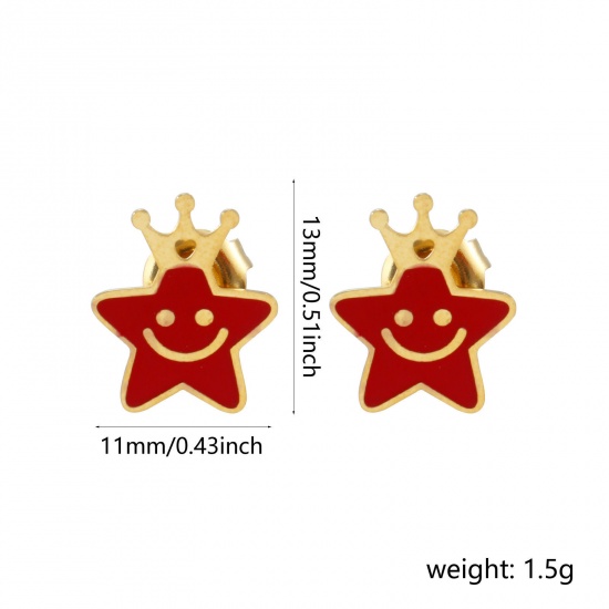 Bild von 1 Paar Umweltfreundliche PVD-Vakuumbeschichtung Süß Exquisit 18K Echtgold plattiert Rot 304 Edelstahl Pentagramm Stern Mit Stöpsel Ohrring Ohrstecker Für Frauen Geschenk 13mm x 11mm, Pfosten-/Drahtstärke: 0.7mm(21 Gauge)