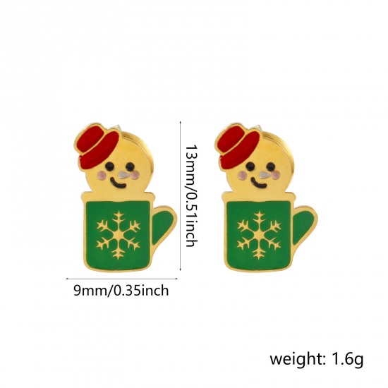 Bild von 1 Paar Umweltfreundliche PVD-Vakuumbeschichtung Süß Exquisit 18K Echtgold plattiert Bunt 304 Edelstahl Weihnachten Schneemann Mit Stöpsel Ohrring Ohrstecker Für Frauen Geschenk 13mm x 9mm, Pfosten-/Drahtstärke: 0.7mm(21 Gauge)