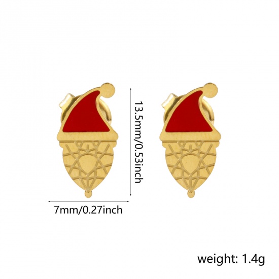 Bild von 1 Paar Umweltfreundliche PVD-Vakuumbeschichtung Süß Exquisit 18K Echtgold plattiert Rot 304 Edelstahl Weihnachten Mütze Mit Stöpsel Ohrring Ohrstecker Für Frauen Geschenk 13.5mm x 7mm, Pfosten-/Drahtstärke: 0.7mm(21 Gauge)