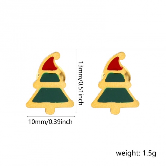 Bild von 1 Paar Umweltfreundliche PVD-Vakuumbeschichtung Süß Exquisit 18K Echtgold plattiert Grün 304 Edelstahl Weihnachten Weihnachtsbaum Mit Stöpsel Ohrring Ohrstecker Für Frauen Geschenk 13mm x 10mm, Pfosten-/Drahtstärke: 0.7mm(21 Gauge)