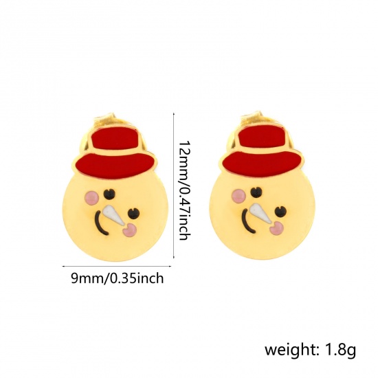 Bild von 1 Paar Umweltfreundliche PVD-Vakuumbeschichtung Süß Exquisit 18K Echtgold plattiert Bunt 304 Edelstahl Weihnachten Schneemann Mit Stöpsel Ohrring Ohrstecker Für Frauen Geschenk 12mm x 9mm, Pfosten-/Drahtstärke: 0.7mm(21 Gauge)