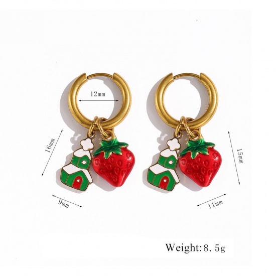 Immagine di 1 Pair Vacuum Plating Stylish Christmas 18K Real Gold Plated Red 304 Stainless Steel Strawberry Fruit Enamel Hoop Earrings For Women Gift 12mm Dia.