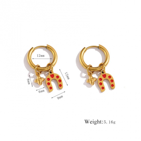 Immagine di 1 Pair Vacuum Plating Stylish Christmas 18K Real Gold Plated Red 304 Stainless Steel Luck Horseshoe Enamel Hoop Earrings For Women Gift 12mm Dia.