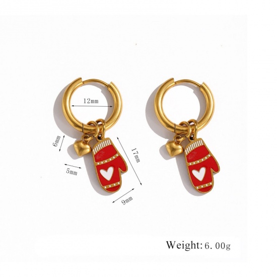 Immagine di 1 Pair Vacuum Plating Stylish Christmas 18K Real Gold Plated Red 304 Stainless Steel Glove Enamel Hoop Earrings For Women Gift 12mm Dia.