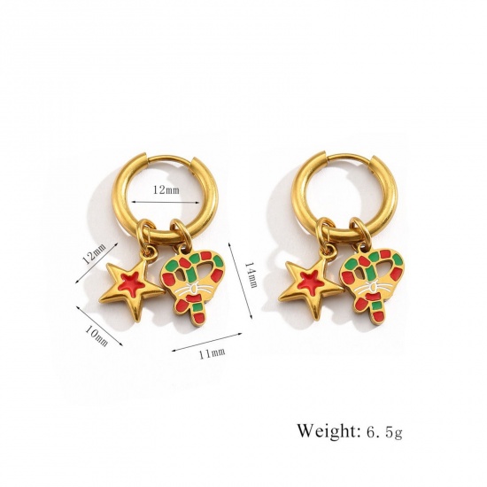 Immagine di 1 Pair Vacuum Plating Stylish Christmas 18K Real Gold Plated Multicolor 304 Stainless Steel Candy Enamel Hoop Earrings For Women Gift 12mm Dia.