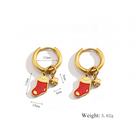 Immagine di Squisito Elegante Orecchini Ad Anello Abbraccio All'Ingrosso, Calza di Natale Rosso Smalto 18K Vero Oro Placcato 304 Acciaio Inossidabile, Donne Placcatura Sottovuoto Ecologica Impermeabile Anti-Ossidante Ipoallergenico Regalo Fornitura di Gioielli, 12mm Dia., 1 Paio