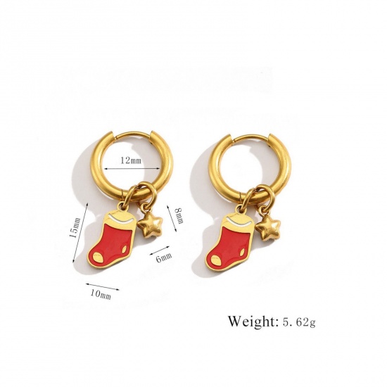 Immagine di 1 Pair Vacuum Plating Stylish Exquisite 18K Real Gold Plated Red 304 Stainless Steel Christmas Stocking Enamel Hoop Earrings For Women Gift 12mm Dia.