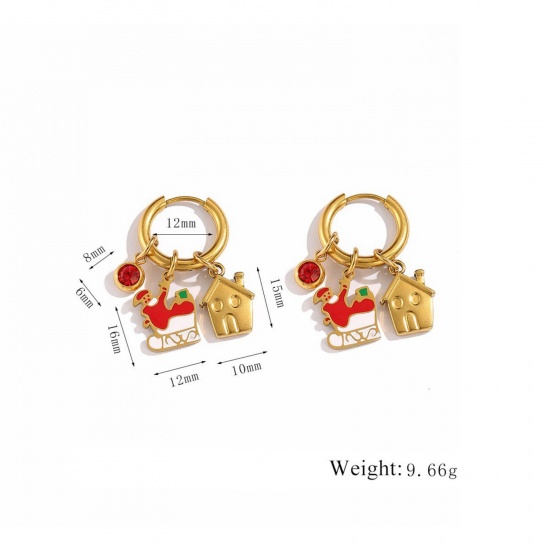 Immagine di 1 Pair Vacuum Plating Stylish Exquisite 18K Real Gold Plated Red 304 Stainless Steel & Rhinestone Christmas Santa Claus Enamel Hoop Earrings For Women Gift 12mm Dia.