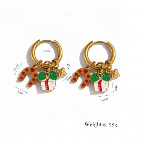 Immagine di 1 Pair Vacuum Plating Stylish Christmas 18K Real Gold Plated Multicolor 304 Stainless Steel & Rhinestone Gift Box Enamel Hoop Earrings For Women Gift 12mm Dia.