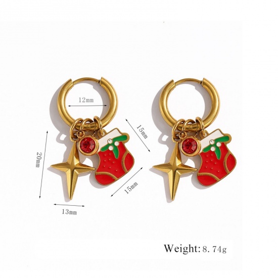 Immagine di 1 Pair Vacuum Plating Stylish Exquisite 18K Real Gold Plated Red 304 Stainless Steel & Rhinestone Christmas Stocking Enamel Hoop Earrings For Women Gift 12mm Dia.