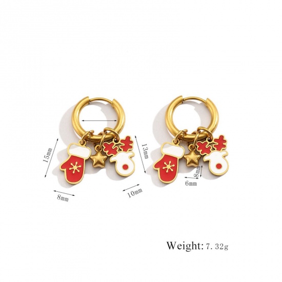 Immagine di 1 Pair Vacuum Plating Stylish Christmas 18K Real Gold Plated Red 304 Stainless Steel & Rhinestone Pere David's Deer Enamel Hoop Earrings For Women Gift 12mm Dia.