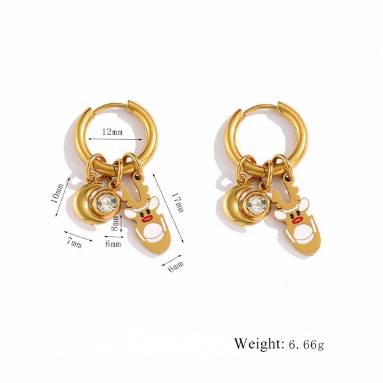 Immagine di 1 Pair Vacuum Plating Stylish Christmas 18K Real Gold Plated White 304 Stainless Steel & Rhinestone Pere David's Deer Enamel Hoop Earrings For Women Gift 12mm Dia.