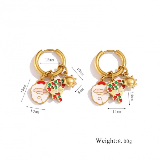 Immagine di 1 Pair Vacuum Plating Stylish Exquisite 18K Real Gold Plated Multicolor 304 Stainless Steel Christmas Santa Claus Enamel Hoop Earrings For Women Gift 12mm Dia.