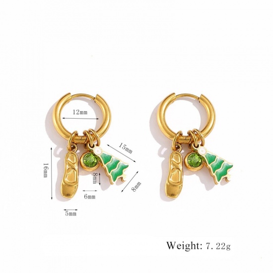 Immagine di 1 Pair Vacuum Plating Stylish Exquisite 18K Real Gold Plated Green 304 Stainless Steel & Rhinestone Christmas Tree Enamel Hoop Earrings For Women Gift 12mm Dia.