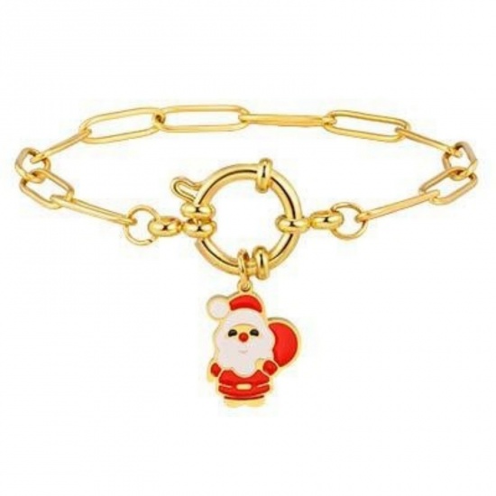 Изображение 1 Piece Eco-friendly Stylish Exquisite 18K Gold Plated Red 201 Stainless Steel Link Cable Chain Christmas Santa Claus Enamel Charm Bracelets For Women Gift 18cm(7.1") long