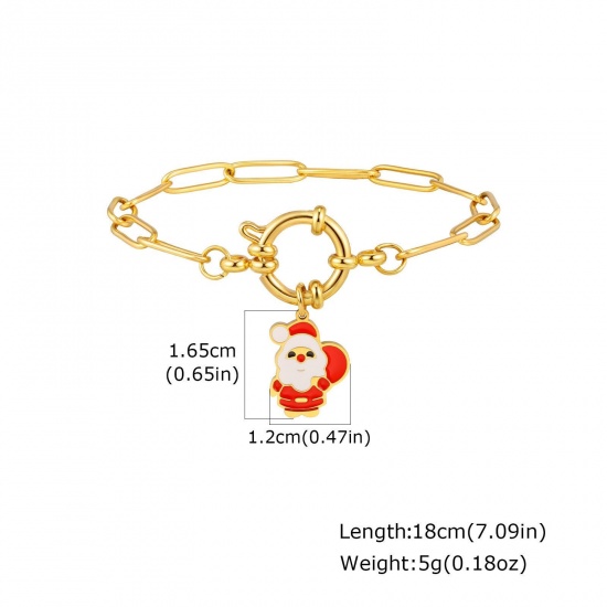Изображение 1 Piece Eco-friendly Stylish Exquisite 18K Gold Plated Red 201 Stainless Steel Link Cable Chain Christmas Santa Claus Enamel Charm Bracelets For Women Gift 18cm(7.1") long